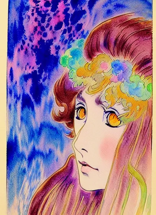 Prompt: vintage 7 0 s anime watercolor by chelsey bonestell, a portrait of a lady with colorful face - paint enshrouded in an impressionist watercolor, representation of mystic crystalline rift fractals in the background by william holman hunt, art by cicley mary barker, thick impressionist watercolor brush strokes, portrait painting by daniel garber, minimalist simple pen and watercolor