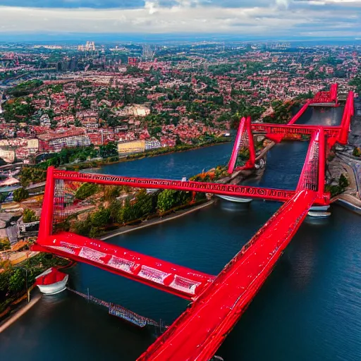 Prompt: a large red bridge connecting two large cities, 8k photo