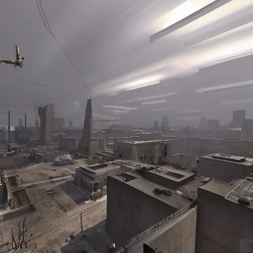 Image similar to a Half life 2 level, from the 2004 PC game Half life, brutalist architecture, stunning volumetric light, sunset, stunning skies, majestic landscape, trending on Artstation, 8k, photorealistic, hyper detailed, unreal engine 5, IMAX quality, cinematic, epic lighting, in the style of Viktor Antonov