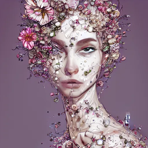 Image similar to the portrait of an absurdly beautiful, graceful, elegant, sophisticated, fashionable young woman made of strawberries and white petals with tears, an ultrafine hyperdetailed illustration by kim jung gi, irakli nadar, intricate linework, bright colors, octopath traveler, final fantasy, unreal engine 5 highly rendered, global illumination, radiant light, detailed and intricate environment