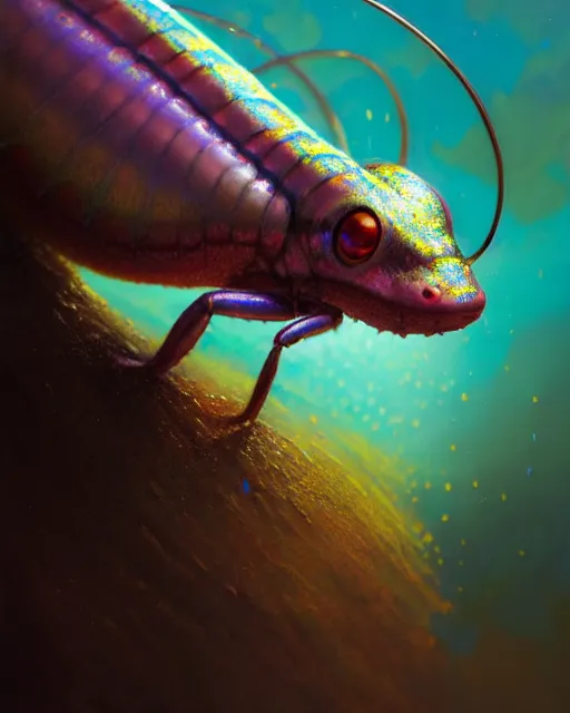 Image similar to dichroic ant axolotl snail bug bee fly worm caterpillar fish, (((artstation, concept art, smooth, sharp focus, artgerm, Tomasz Alen Kopera, Peter Mohrbacher, donato giancola, Joseph Christian Leyendecker, WLOP, Boris Vallejo))), octane render, unreal engine, 3d render, , octane render, nvidia raytracing demo, grainy, muted