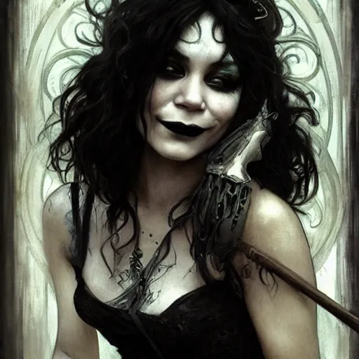 Image similar to beautiful portrait of vanessa hudgens as death from sandman, smiling, by cedric peyravernay, alphonse mucha, by jeremy mann, by lecouffe deharme, goth chic, soft lightning, eyeliner, punk rock, high detailed, 8 k