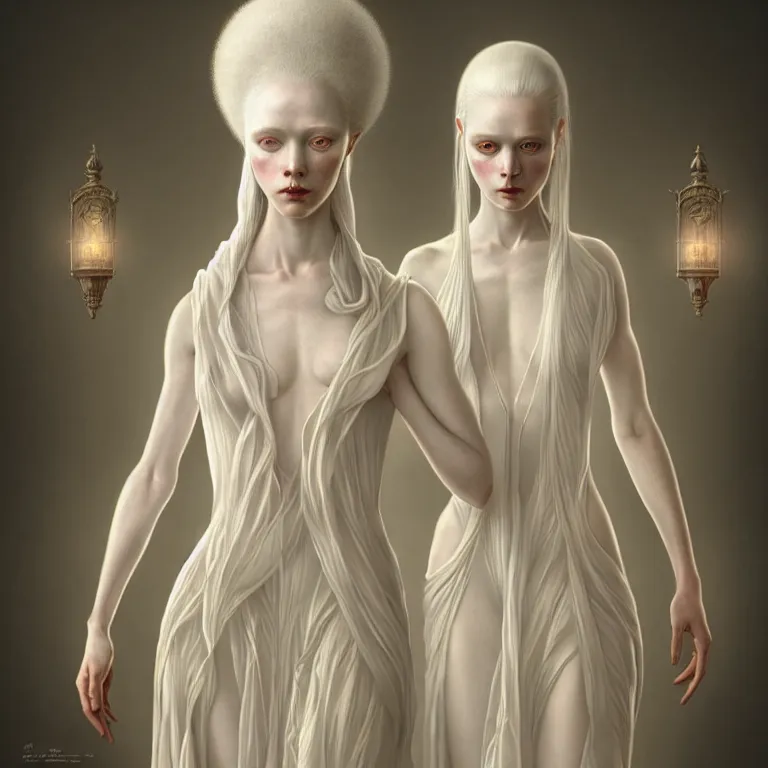 Image similar to alone with herself wonderful symmetrical woman albino goddess with a wonderful face with a beautiful porcelain symmetrical body dressed with a majestic semi transparent cream long cotton dress, hightly ornate, intricate, detailed, dramatic light, award winning, octane render, tom bagshaw style