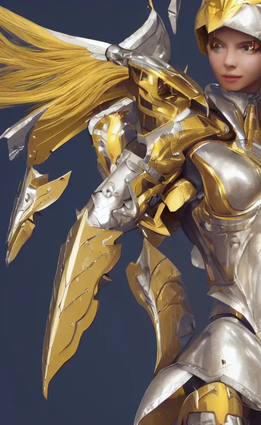 Prompt: Concept art, angel knight girl in golden and silver armor adorned with sapphire gems, artstation trending, octane render, cinematic, highly detailded