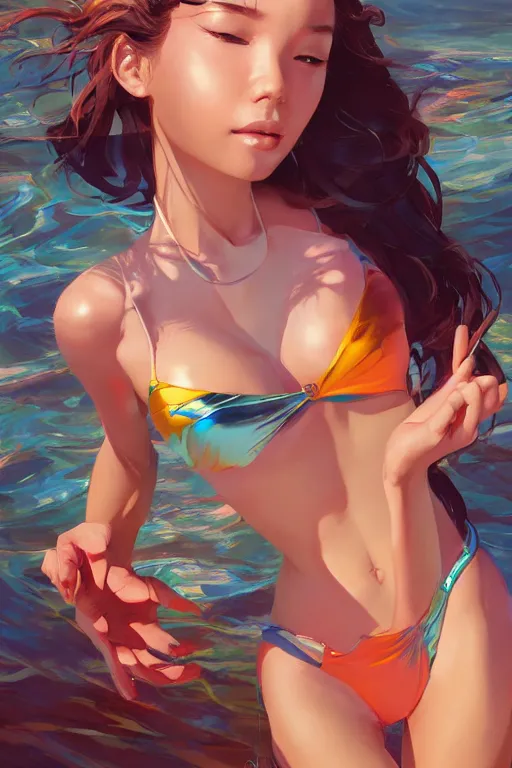 Image similar to beautiful girl bikini by artgerm, tooth wu, dan mumford, beeple, wlop, rossdraws, james jean, marc simonetti, artstation giuseppe dangelico pino and michael garmash and rob rey and greg manchess and huang guangjian and makoto shinkai