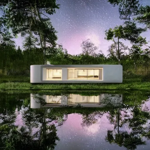 Image similar to cozy futuristic organic white concrete house in the middle of a lush amazonic forest at night, a beautiful lake next to it, starry sky