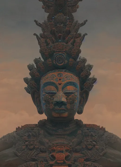 Image similar to Gigantic Aztec Buddha Deity with 8 arms, extremly detailed oil painting, in the style of Fenghua Zhong and Ruan Jia and Jeremy Lipking, rim light, beautiful lighting, mystic, 8k, stunning scene, raytracing, octane, trending on artstation