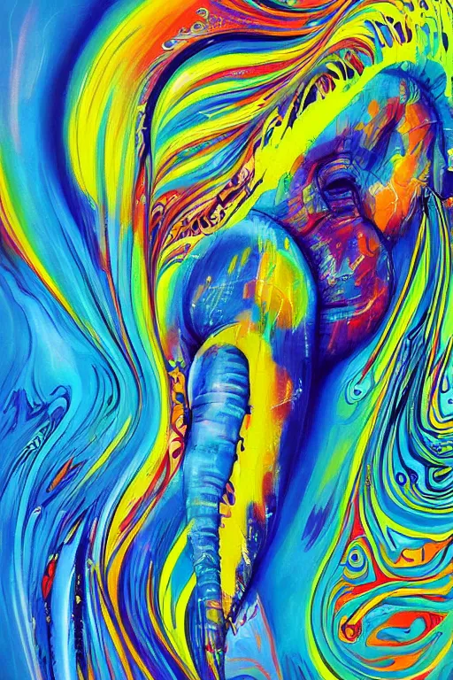 Image similar to fluid dynamics flow art a painting of an elephant with a colorful swirl, acrylic marbling art by sam spratt, deviantart, psychedelic art, psychedelic, cosmic horror, chromatic