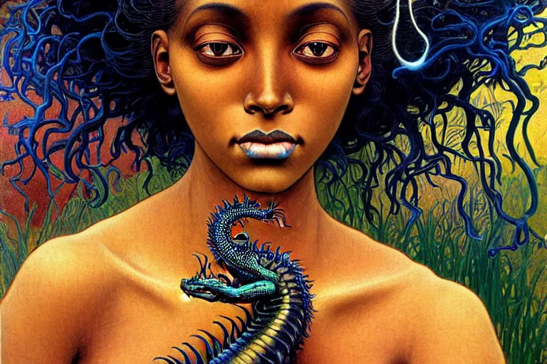 Image similar to realistic extremely detailed closeup portrait painting of a beautiful black woman, mutant dragon and a single old house on background by Jean Delville, Amano, Yves Tanguy, Alphonse Mucha, Ernst Haeckel, Edward Robert Hughes, Roger Dean, rich moody colours