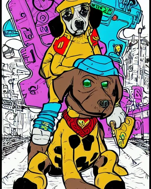 Prompt: cute wasteland mutant dog dressed in 80s clothing + wry expression + 80s talismans + cool street style + relaxed pose + centre image + in the style of Don Bluth and Peter Laird + moebius style + hearthstone color style + jack kirby inked line drawing