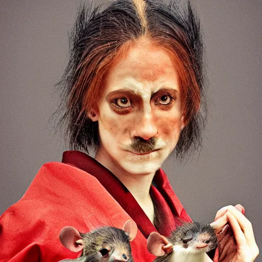 Image similar to a portrait of a human-rat hybrid with brown fur wearing a red kimono, hyper realistic, photography, film still