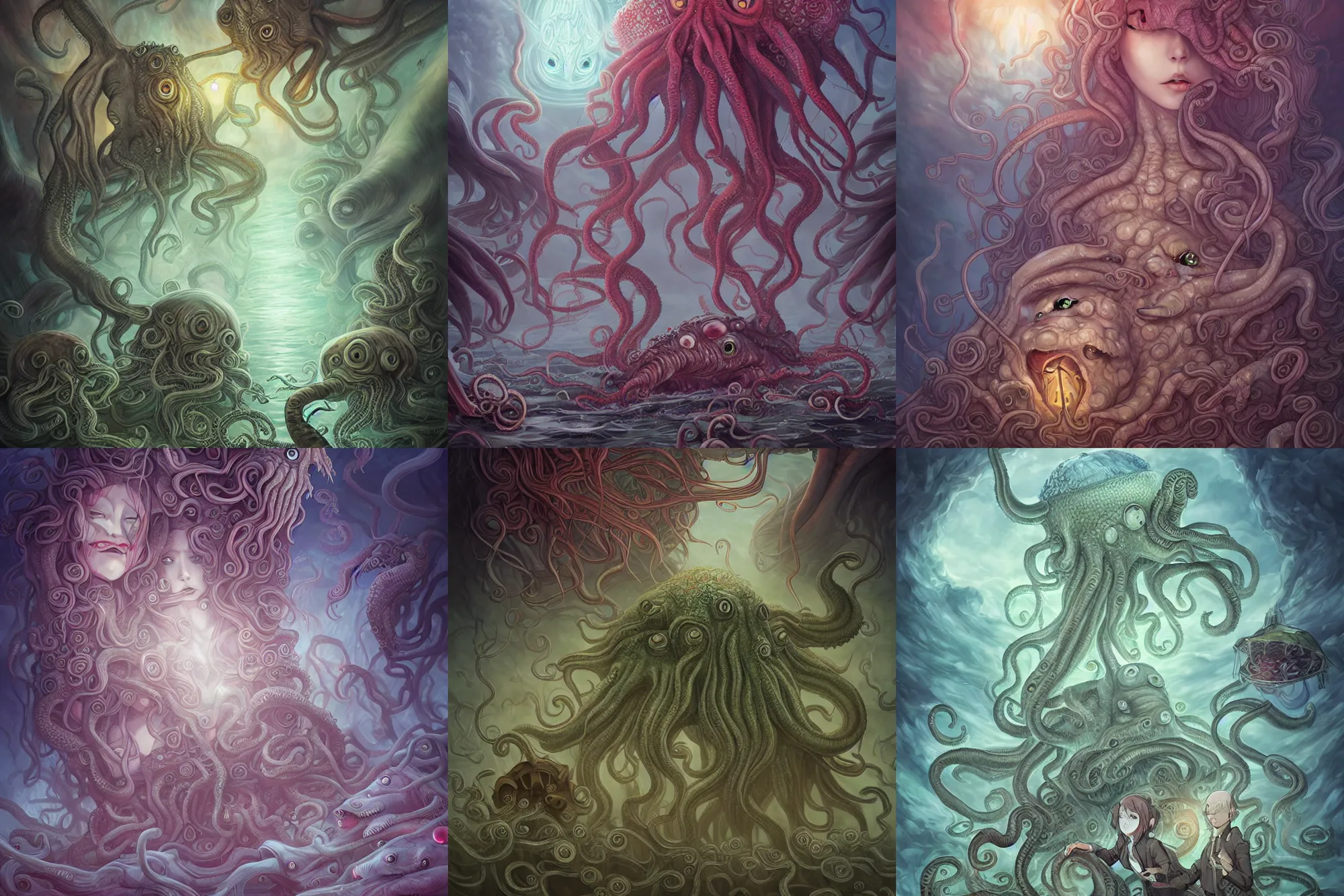 Prompt: detailed, sharp, Invasion of Cthulhu by Anna Dittmann and by studio ghibli. digital art. surreal. featured on art station. anime arts. featured on Pixiv, HD, 8K, highly detailed, good lighting