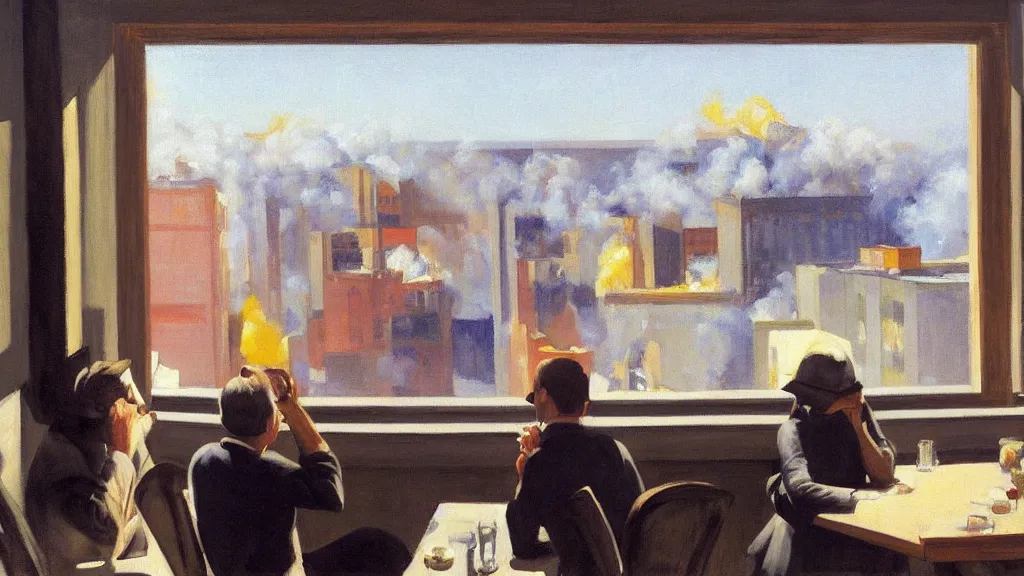 Image similar to 911 terrorist attacks with a plane, explosion and smoke, as seen from the window of a luxury hotel while a couple eats breakfast, by Edward Hopper, high-resolution painting