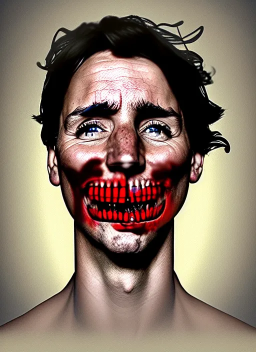 Image similar to a profile portrait of justin trudeau with translucent skin, visible cranial cavity, opening in skull, zipper, inside head cobwebs, dust and rats, digital art, highly detailed, by david cronenberg, raphael, caravaggio