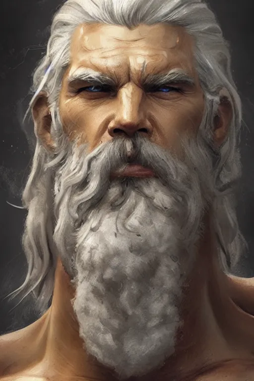 Image similar to photo portrait of rugged zeus, god of thunder, greek god, white hair, masculine, mature, handsome, upper body, muscular, hairy chest, fantasy, intricate, elegant, highly detailed, digital painting, artstation, concept art, smooth, sharp focus, illustration, art by gaston bussiere and greg rutkowski