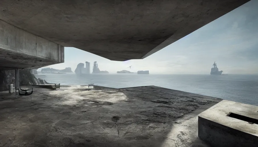 Prompt: coastal perched on a cliff overlooking a magnificient bay, bond villain base, brutalist imperial military base, drawing architecture, imperial architecture in rogue one, pritzker architecture prize, brutalism architecture, jan urschel, greig fraser