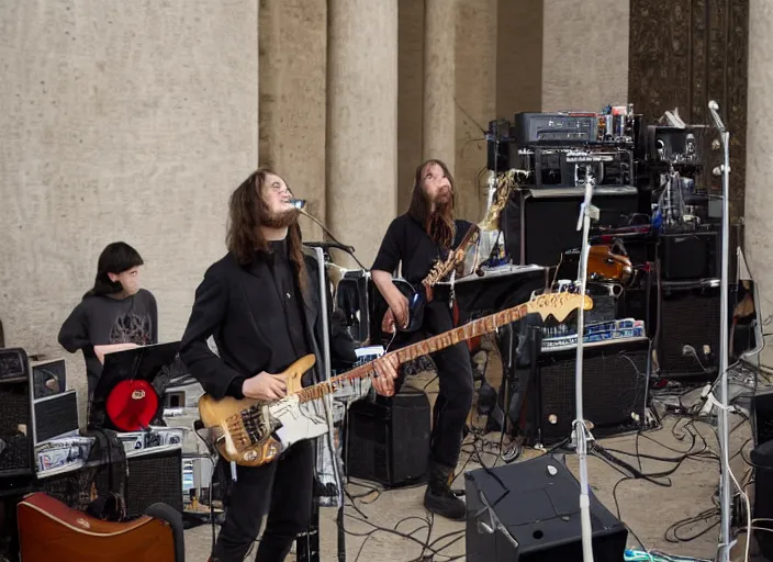 Prompt: a high resolution photograph of sunn o ) ) ) playing live at the vatican