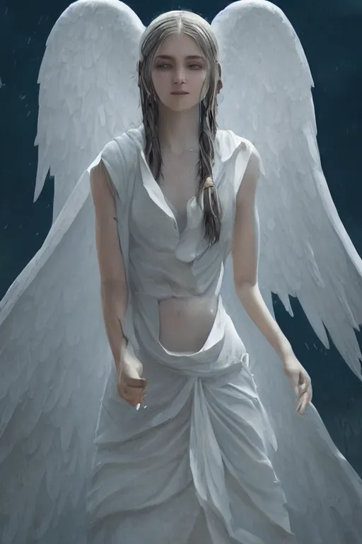 Prompt: a beautiful angel in white dress, inspired by thomas eakes & greg rutkowski & xiang duan, perfect symmetry, magic realism, 8 k octane beautifully detailed render, post - processing, extremely hyper - detailed, intricate, epic composition, lifelike attributes, cinematic lighting, masterpiece'