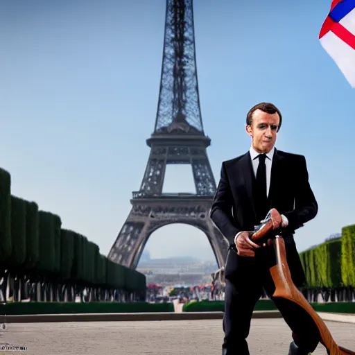 Image similar to Still of a James Bond movie starring Emmanuel Macron as James Bond. Emmanuel Macron holds a Beretta, a baguette and a French flag in front of the Eiffel Tower. Nikon, sigma 1/6, 50 mm