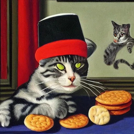 Prompt: a highly detailed painting of a cat with a chef hat baking cookies, done in the style of matisse, caravaggio