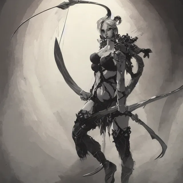 Image similar to a beautiful painting of a female archer with grey skin and a frost bow by Yoji Shinkawa, Drow Ranger, Dota, heavy line work, chiaroscuro lighting, beautiful and cool. Trending on ArtStation