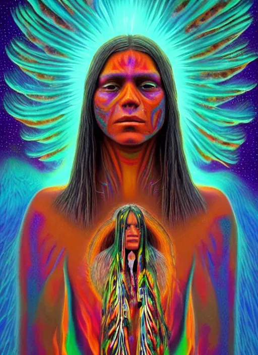 Image similar to portrait ultra dimensional native american woman girl shaman, accidentally tripping on dmt and acid, psychedelic experience, overwhelming psychosis of self realization and burning awakening, ultra high definition, unreal engine 5, hyperrealism, masterpiece composition, by casey weldon, barclay shaw