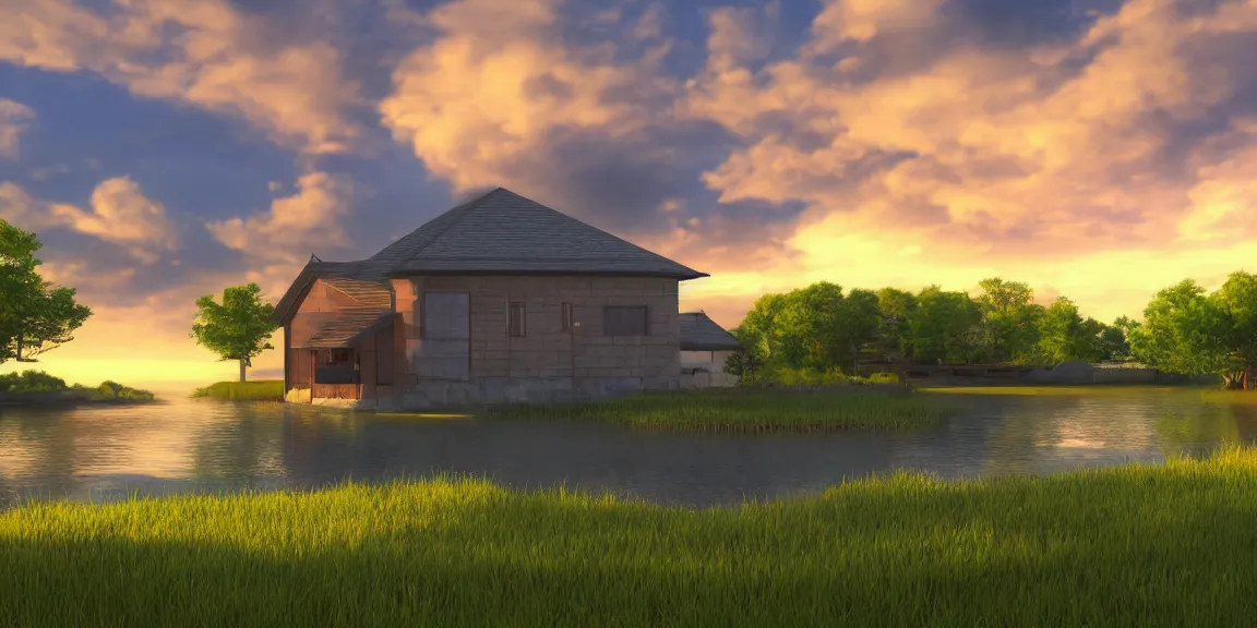 Image similar to a serene landscape with a singular building near a lake at sunset, anime style, 8k, low saturation, high quality, high detail, cartoon