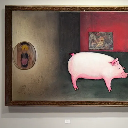 Image similar to “pig paintings and pig sculptures in a pig art gallery, pork, ikebana white flowers, white wax, squashed berries, acrylic and spray paint and oilstick on canvas, by munch and Dali”