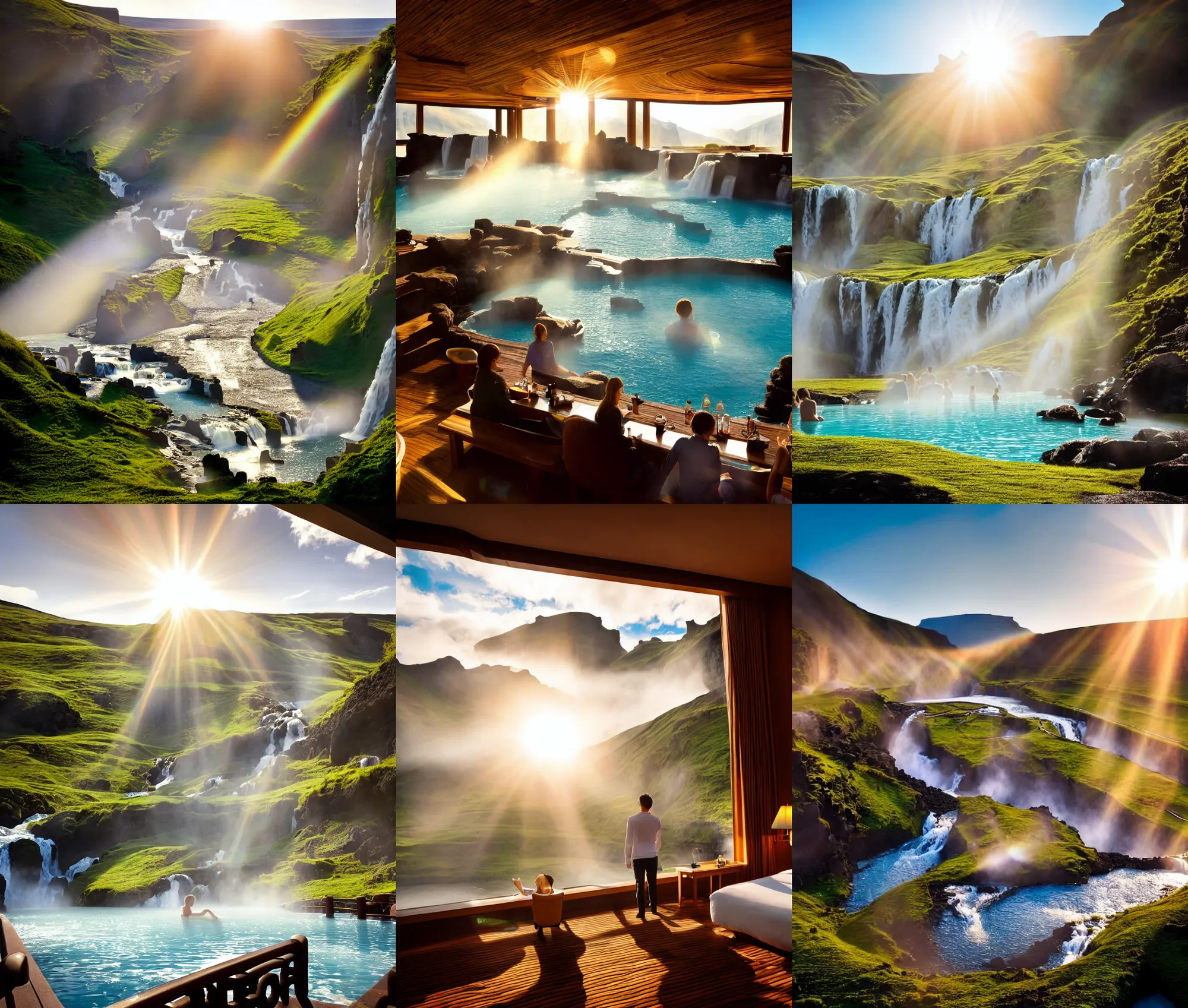 Prompt: establishing wide shot inside resort hotel, beside the combination of iceland hot springs and yangtze river waterfalls, sunny morning light, sunbeam, fantasy movie still