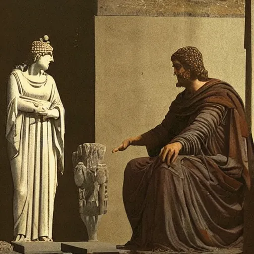 Image similar to the female oracle in delphi giving a prophecy to the king of thera, 6 3 0 bc