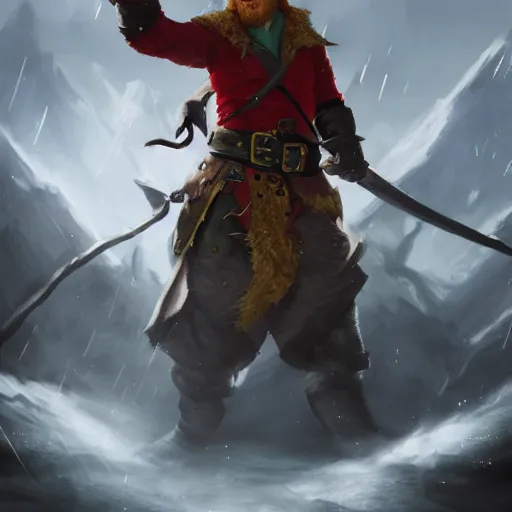 Image similar to handsome grinning ginger elf rogue, tricorne pirate captain hate, naval background, D&D, fantasy, cinematic lighting, centered, symmetrical, highly detailed, digital painting, artstation, concept art, smooth, sharp focus, illustration, volumetric lighting, epic Composition, 8k, art by Akihiko Yoshida and Greg Rutkowski and Craig Mullins, oil painting, cgsociety