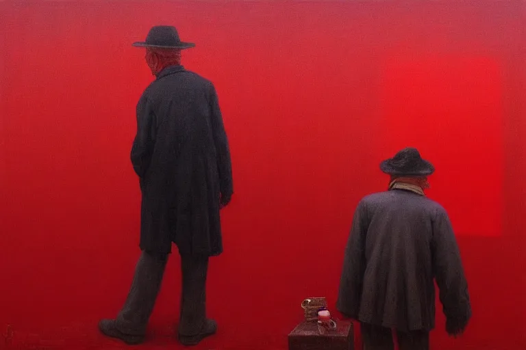 Image similar to only with red, a red old man try to sell a portrait, in a square, crowd cheers, in the style of beksinski, parts by edward hopper, parts by rodcenko, parts by yue minjun, intricate and epic composition, red by caravaggio, insanely quality, highly detailed, masterpiece, red light, artstation, 4 k