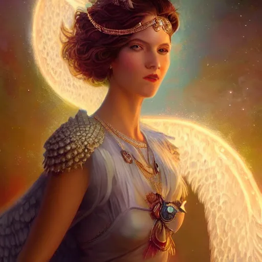 Image similar to A beautiful digital painting of a female angel full of jewels, princess, the moon behind her, intricate, cinematic lighting, highly detailed, digital painting, Artstation, concept art, smooth, sharp focus, illustration, art by Tom Bagshaw, Artgerm and Greg Rutkowski