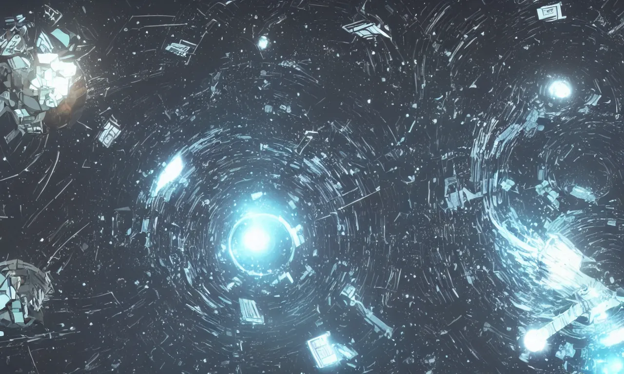 Prompt: space junk forms single tiled vortex in empty dark space, dark sci - fi game concept