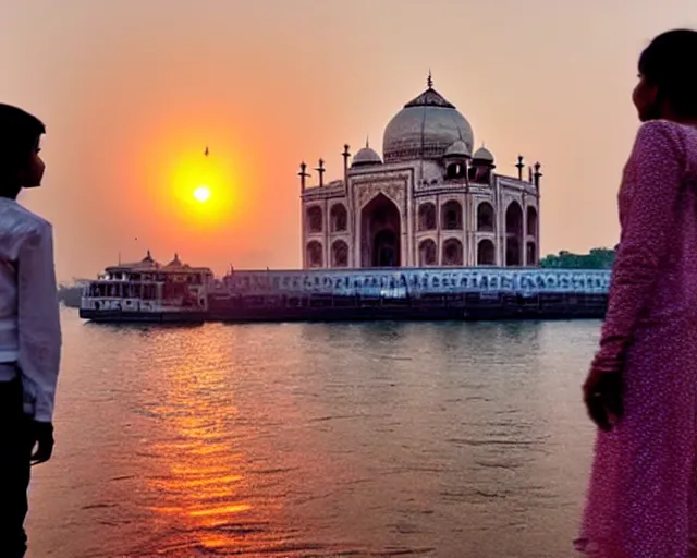 Image similar to a 4 k cinematic film shot still of taj mahal next to gateway of india and a young mumbai girl looking at them during sunset