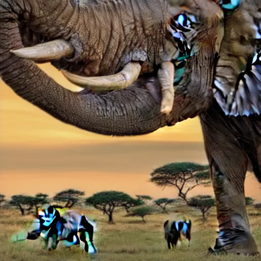 Image similar to a highly detailed panoramic photo of the serengeti. in the far background we see a small boy next to an elephant with an extremely long trunk. 8 k, super resolution