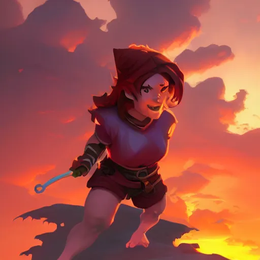 Prompt: female halfling, rouge, dungeons and dragons, sunset, behance hd by jesper ejsing, by rhads, makoto shinkai and lois van baarle, ilya kuvshinov, rossdraws radiating a glowing aura global illumination ray tracing hdr