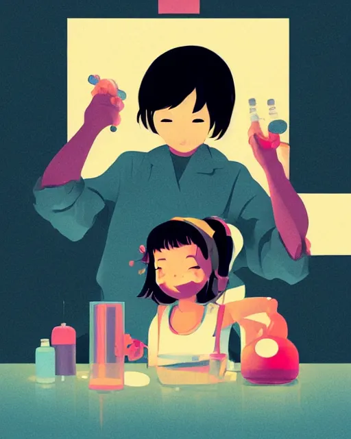 Image similar to a little girl is doing a science experiment. clean cel shaded vector art. minimalist illustration art by lois van baarle, artgerm, helen huang, petros afshar by makoto shinkai and ilya kuvshinov, rossdraws