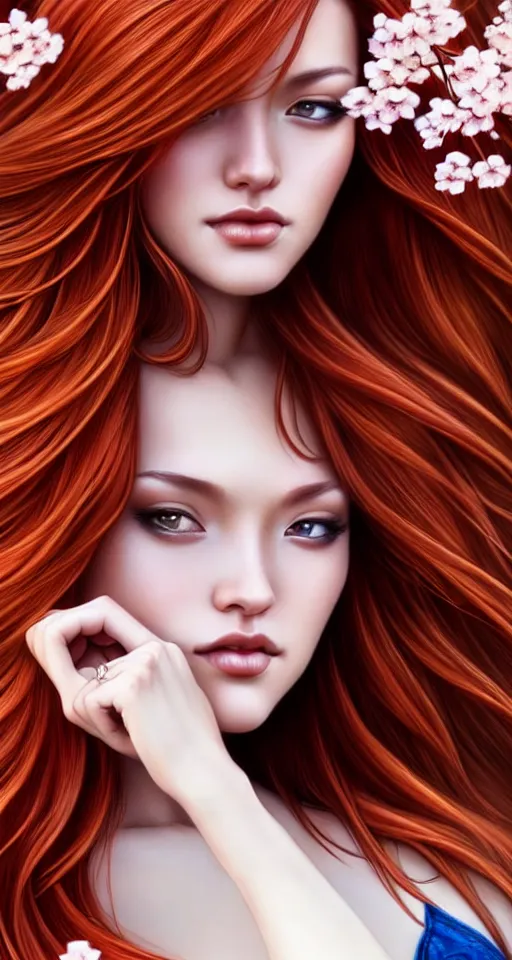 Image similar to photo of a gorgeous female with auburn hair in the style of stefan kostic, realistic, body shot, sharp focus, 8 k high definition, insanely detailed, intricate, elegant, art by stanley lau and artgerm, cherry blossoms