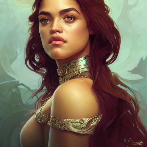 Prompt: portrait of a beautiful thick female, alexandria ocasio-cortez face, D&D, fantasy, intricate, elegant, highly detailed, digital painting, artstation, concept art, smooth, sharp focus, illustration, art by artgerm and greg rutkowski and alphonse mucha