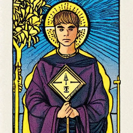 Image similar to Justin Bieber in Thoth tarot deck, style of Lady Frieda Harris, 4K