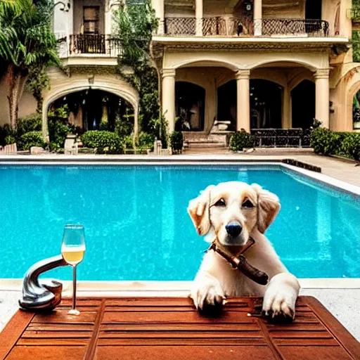 Image similar to a very detailed photo of a dog ( smoking a cigar ) outside the mansion by the pool