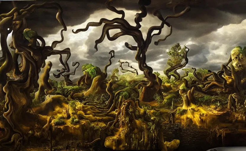 Image similar to strange hyper real disturbing tendril surrealistic landscape with very small strange figures in the distance with large looming shiny biomorphic skinny figures looming inthe foreground, cast shadows, chiaroscuro, painted by dali and rachel ruysch, timeless disturbing masterpiece