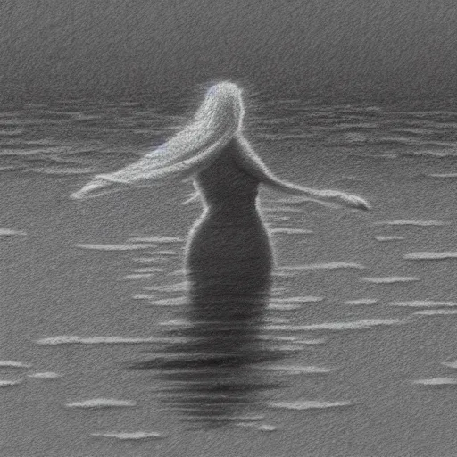 Image similar to a woman stands on the water in the style of kentaro miura, 4 k, 8 k, absolute detail of even the smallest details and particles, beautiful shadows, beautiful art, black and white drawing