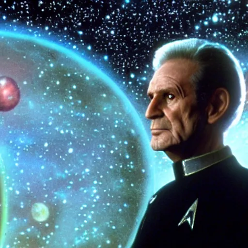 Image similar to constable odo on deep space nine staring out into the darkness of space at the many stars, with planet bajor and the bajoran wormhole in the distance