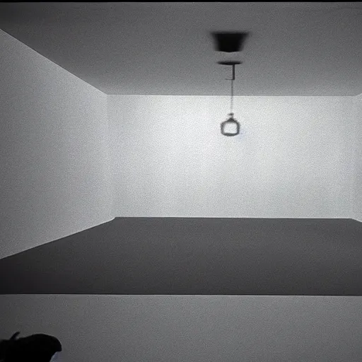 Prompt: a prhase floating in the middle of a large cubic white room with no objects, misterious, 3 d perspective, still from movie by stanley kubrick