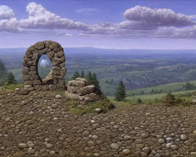 Image similar to a high hill landscape with a circle of large stones in the shape of a finger on the top, by ted nasmith