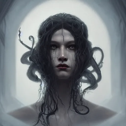 Prompt: beautiful and dark portrait of medusa, unholy, intricate, highly detailed, dynamic lighting, digital art, digital painting, artstation, sharp focus, illustration, art by greg rutkowski and giger, 8 k