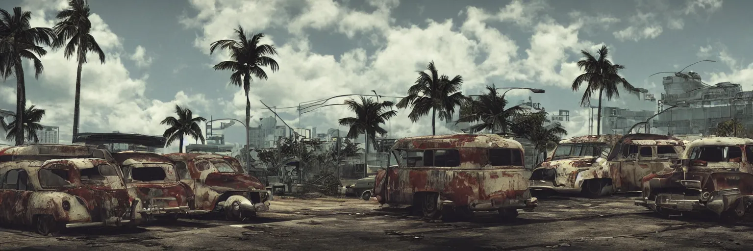 Image similar to fallout 5 : miami, outdoors ruined tropical city airport, rusted retro futuristic vintage styled parked cars, buses, trucks, atmospheric lighting, painted, intricate, volumetric lighting, summer, sunny weather, few clouds, sharp focus, deep colours, ultra detailed, by leesha hannigan, ross tran, thierry doizon, kai carpenter, ignacio fernandez rios