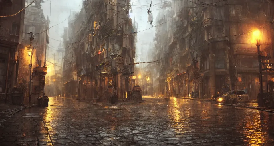 Image similar to steampunk city streets in the rain by jean-honore fragonard, junk everywhere, wires hanging, steam, trending on artstation, octane render